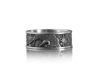 Japanischer Shadoof Sonne Herrenring aus Sterling Silber, Traditioneller Ornamentaler Ring, Herrenring, Japanischer Schmuck, Asiatisch-Orientalischer Ring