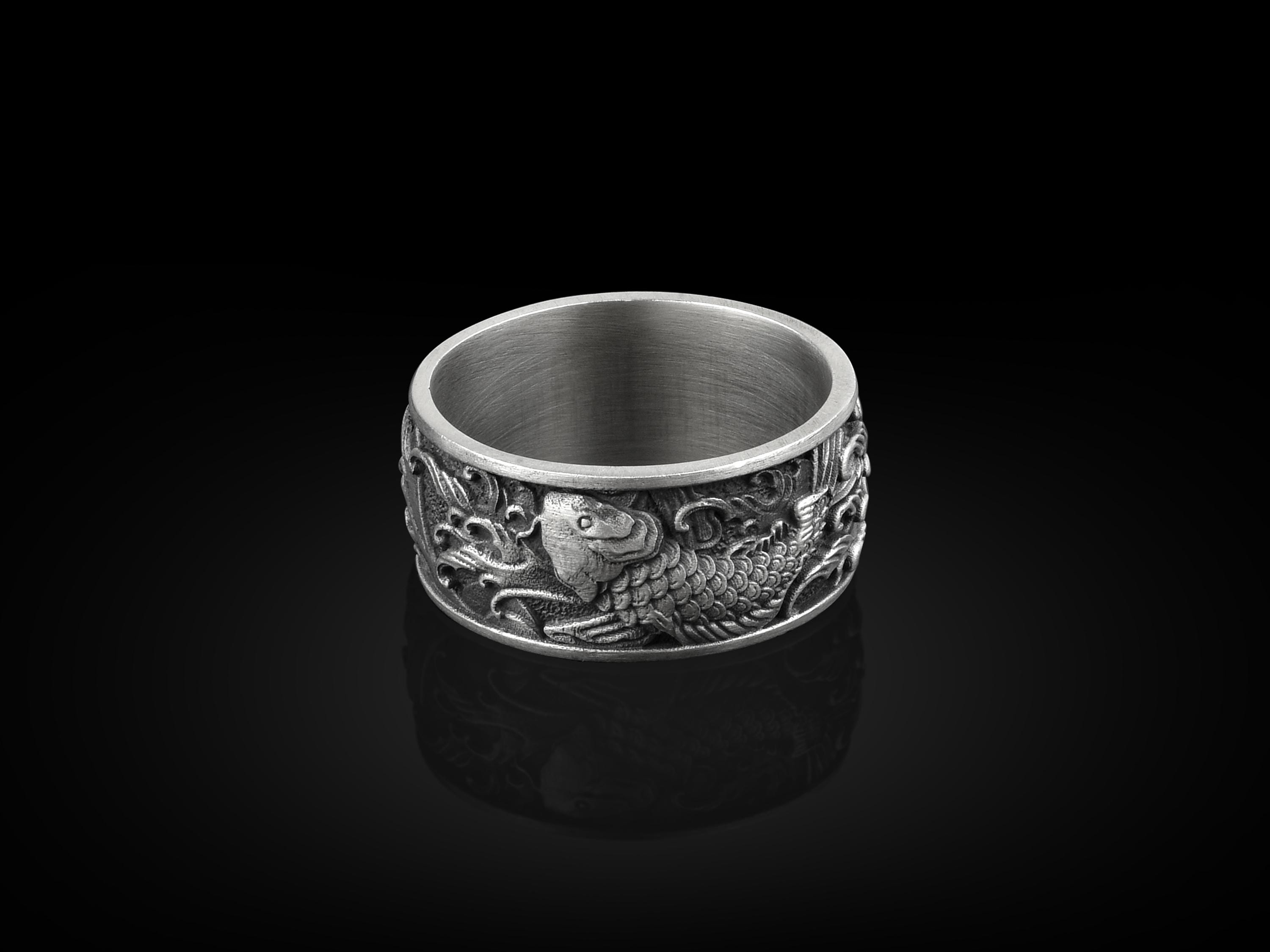 Silver Koi Fish Band Ring for Men, Japanese Inspired Koi Design, 925 ...