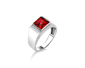 Plain silver ring for men in silver with red ruby stone, Male promise ruby stone ring for men in silver, Big square cut ruby signet ring