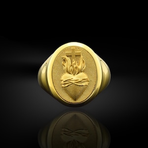 14k gold sacred heart symbol signet ring for men, Religious men gold ring in 18k, Christian gold ring for husband, Gift idea for family