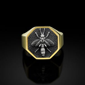 Handmade Boho Bee Man Ring, Gold Plated Bee Ring, 925 Silver Wild Bee Signet Mens Ring, Sterling Silver Wedding Men Gift Ring, Ring For Mens