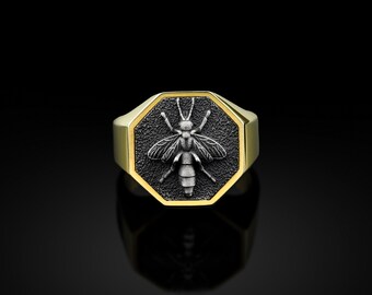 Handmade Boho Bee Man Ring, Gold Plated Bee Ring, 925 Silver Wild Bee Signet Mens Ring, Sterling Silver Wedding Men Gift Ring, Ring For Mens