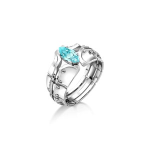 Bague futuriste avec topaze bleue taille marquise en argent 925, bague unique avec topaze bleue pour homme, bague extraordinaire, bague aigue-marine