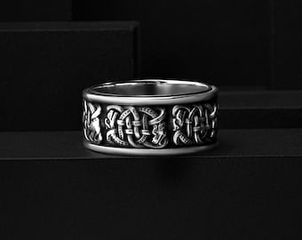 Celtic Knot Dragon 925 Silver Band Ring for Men, Personalized Nordic Pattern Viking Wedding Band Gift Jewelry