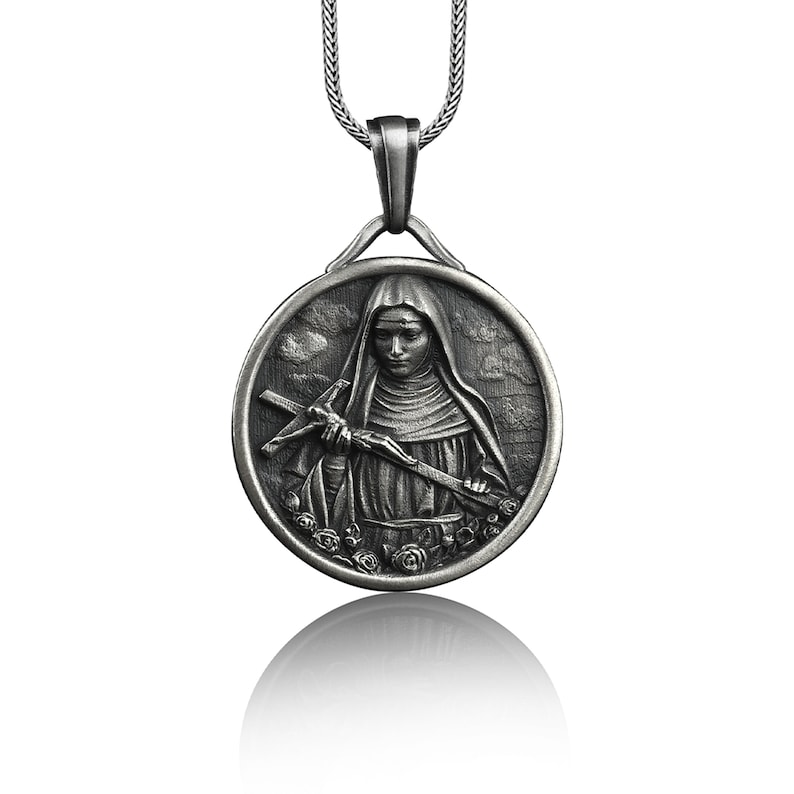Sterling Silver Handmade Saint Rita Charm Necklace, Saint Rita Medallion Pendant, Religious Personalized Jewelry, Saint Rita Men Pendant image 1