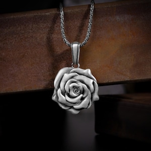 Handmade vintage style silver rose necklace for women or men, Floral sterling silver gift jewelry, Solid silver mothers day gift pendants