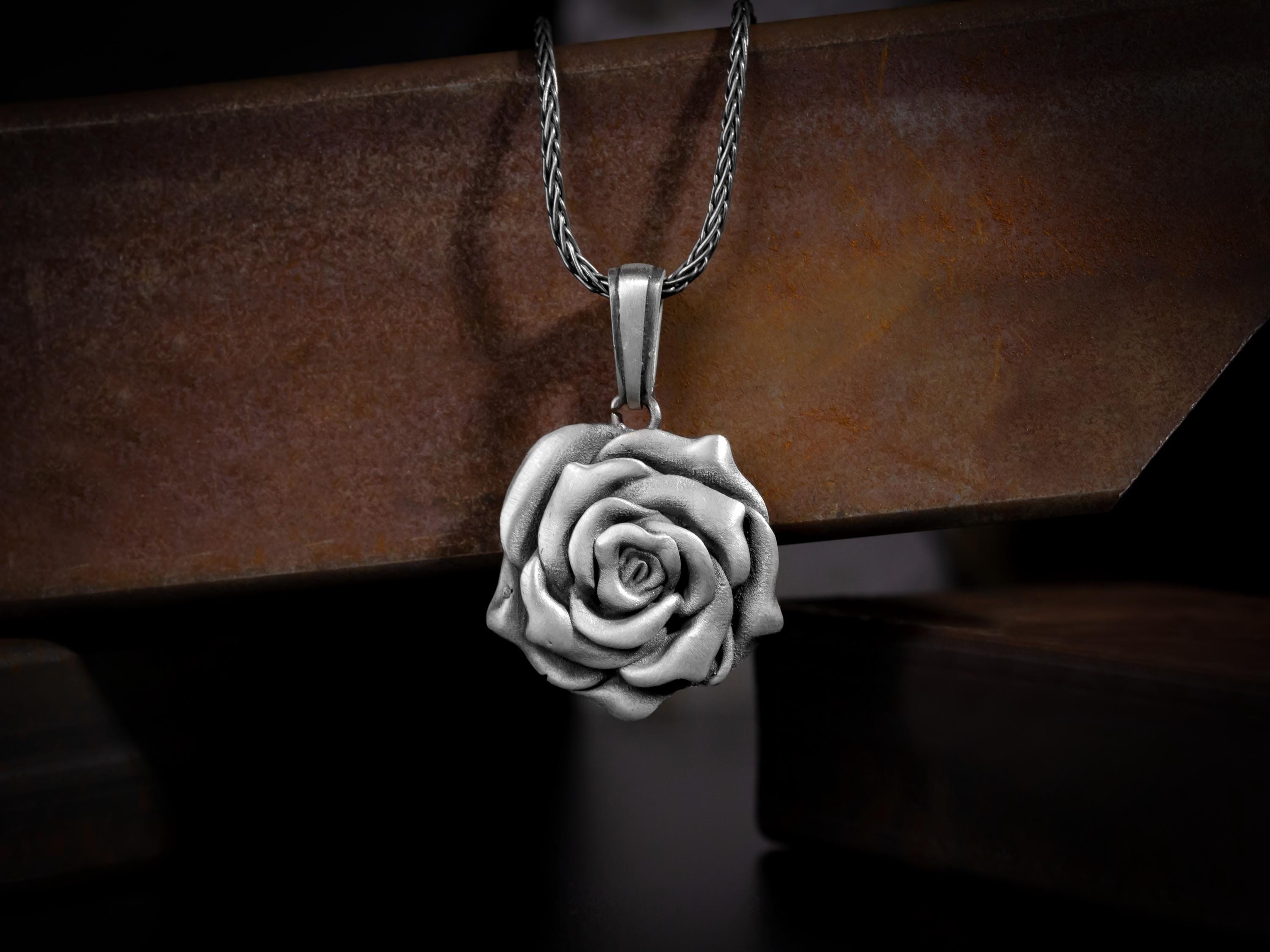 Handmade Vintage Style Silver Rose Necklace for Women or Men