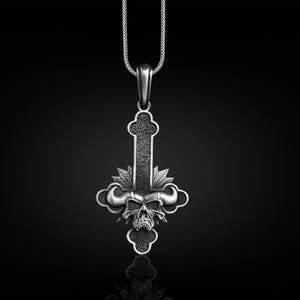 Silver Biker Gothic Cross inverted Necklace , 925 Silver Horned Skull and Cross Gothic Pendant, Halloween Necklace For Best Friend, Men Gift