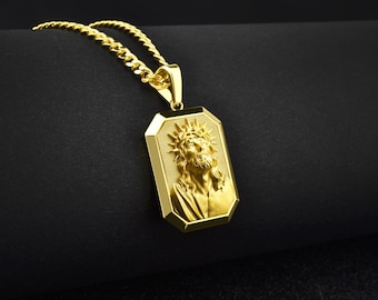 Christ Jesus symbol men necklace in 14k gold for mens, Religious 18k gold charm jewelry, 21k catholic jesus pendant, 18k gifts for mens