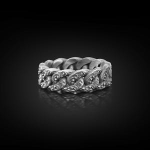 Floral Curb Link Chain Silver Mens Ring, Victorian Style Sterling Silver Curb Link Chain Ring For Boyfriend, Chunky Ring, Dad Gift From Kids