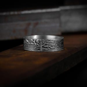 Yggdrasil silver men band ring, Tree of life wedding ring for men in sterling silver, Norse band, Family promise ring, Stackable myth ring