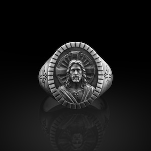 Christian Messiah Jesus Signet Ring for Men in Sterling Silver,  Catholic Jesus Men Ring, Family Ring, Christian Men Gift, Gift For Men