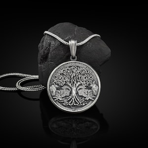 Tree of Life with Wolf Handmade Sterling Silver Charm Necklace, Yggdrasil Norse Mythology Jewelry, Tree of Life Pendant, Mythology Necklace