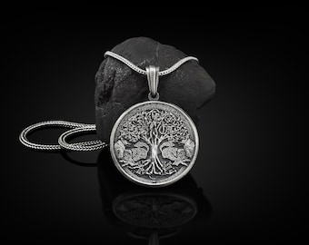Tree of Life with Wolf Handmade Sterling Silver Charm Necklace, Yggdrasil Norse Mythology Jewelry, Tree of Life Pendant, Mythology Necklace
