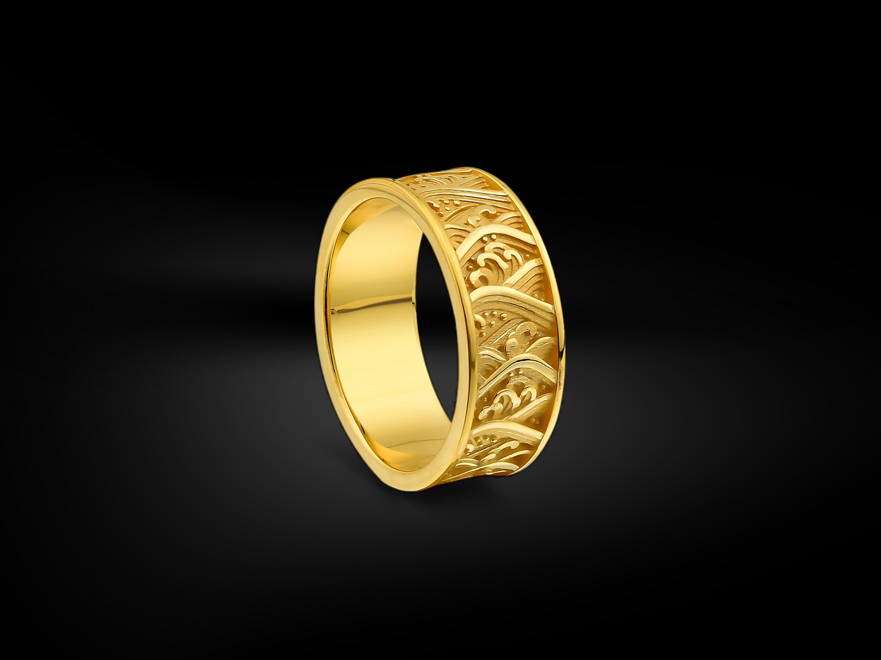 Kanagawa Wave Point Men Wedding 14k Solid Silver Band