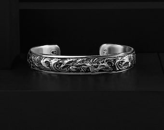 Carp and Waves Silver Men's Cuff Bracelet, Personalized Koi fish with Wave Japanese Anniversary Gift Jewelry