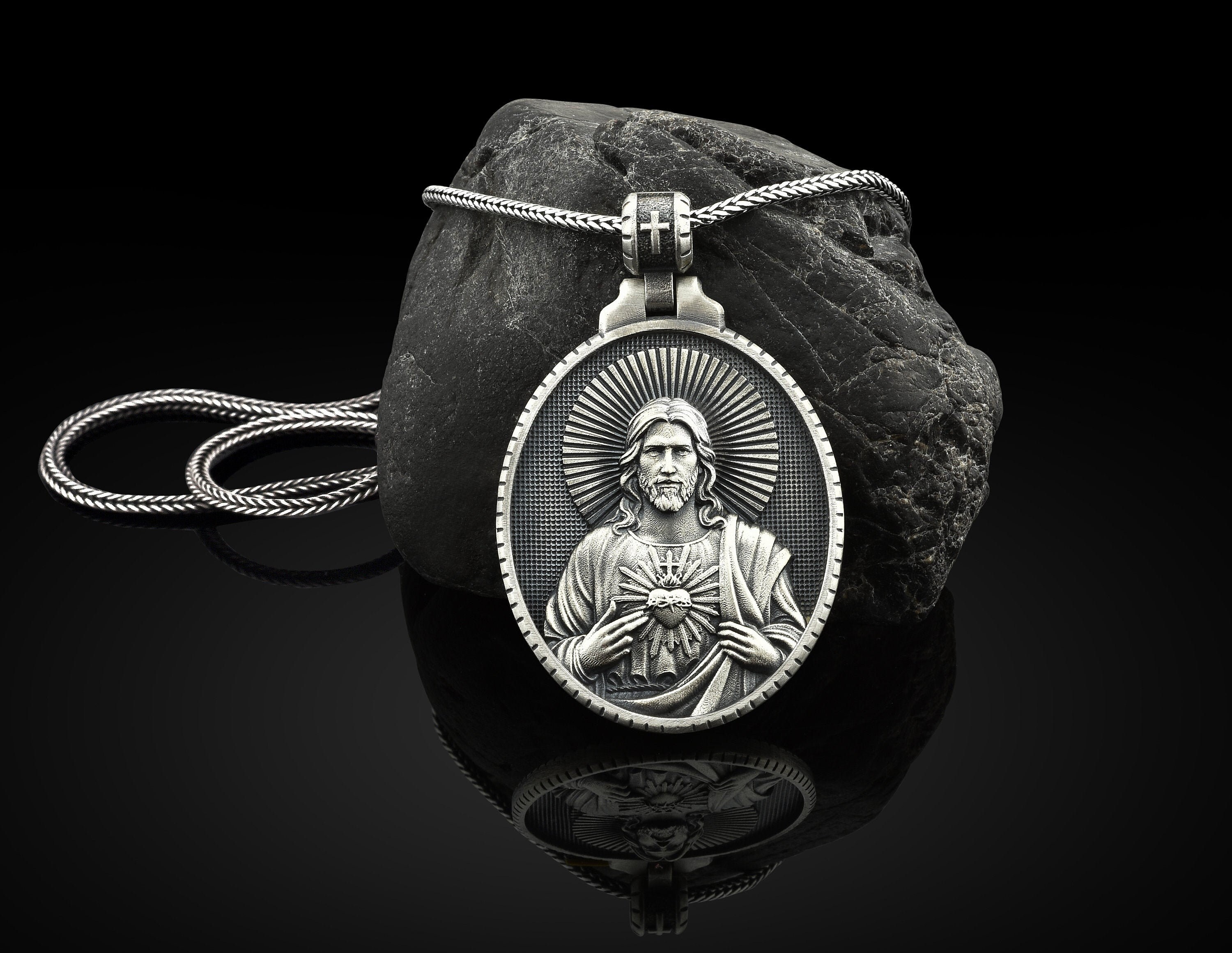 Silver Jesus Sacred Heart Mens Necklace 