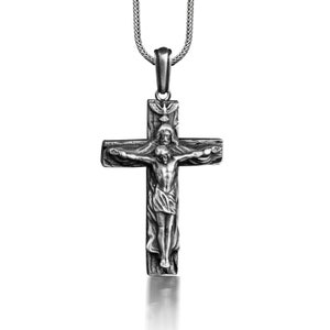 The God Taking Jesus Beside Pendant, Unique Mens Cross Necklace in Sterling Silver, Crucifix Necklace For Boyfriend, Faith Necklace For Dad