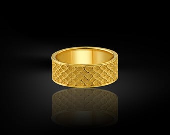 Unique Gold Men Band Ring, Embossed Four Leaf Clover Mens