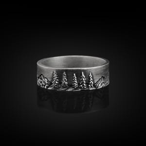 Pine Trees Handmade Sterling Silver Men Band Ring, Nature Wedding Ring, Dainty Ring, Engagement Ring, Anniversary Ring, Memorial Gift