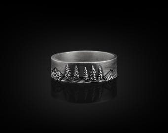 Pine Trees Handmade Sterling Silver Men Band Ring, Nature Wedding Ring, Dainty Ring, Engagement Ring, Anniversary Ring, Memorial Gift