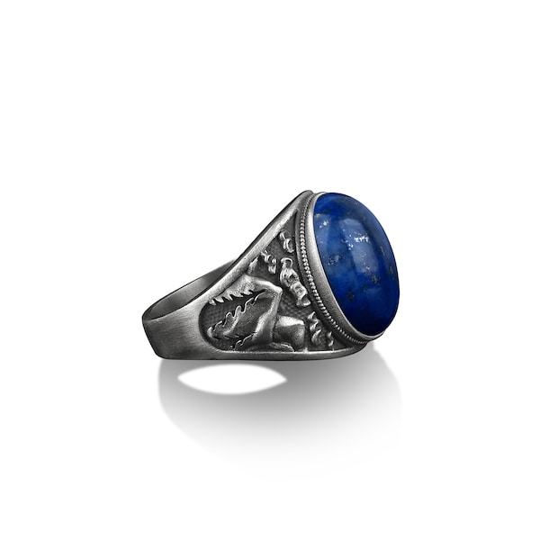 Wald und Berge Männer Silber Ring mit blauem Lapis Stein, Lapis Lazuli Edelstein Geschenk Ring für Männer, Sterling Silber Hochzeit Männer Geschenke