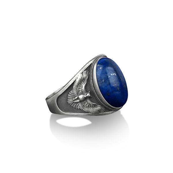 Lapis lazuli with owl men silver ring, Winged owl silver men ring, Lapis lazuli signet ring, Lapis owl pinky ring,  Silver men gift jewelry