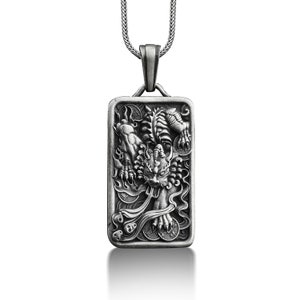 Chinese guardian lion pendant necklace with custom name, Foo dog personalized silver necklace for men, Mythology jewelry