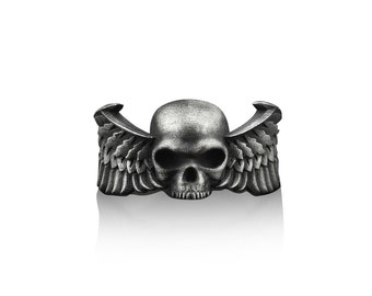 Winged Skull Handmade Sterling Silver Men Ring, Winged Skull Gothic Ring, Winged Skull Punk Ring, Winged Skull Silver Men Biker Men Jewelry