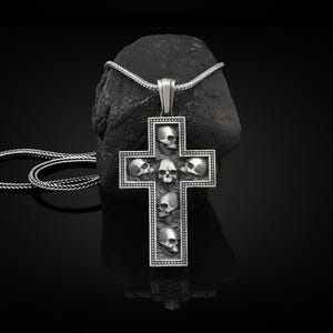 Gothic cross pendant necklace for men, Sterling silver mens skull necklace for boyfriend, Oxidized goth necklace for him