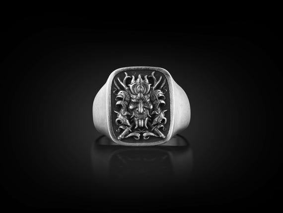 Samurai Warrior Ring for Men in Silver, Japanese Art Engraved Signet Ring, Fantasy Ring in Gothic Style, One Of A Kind Ring For Husband