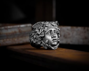 Greek handmade Medusa ring for men in sterling silver, Snake hair greek mtyholgy unisex silver ring, Greek men gift for dad or boyfriend