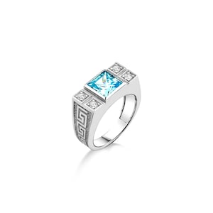 Greek symbol with blue topaz silver men ring, Sauare cut topaz ring with pave CZ, Engraved greek motif men ring, Aquamerine stone men ring