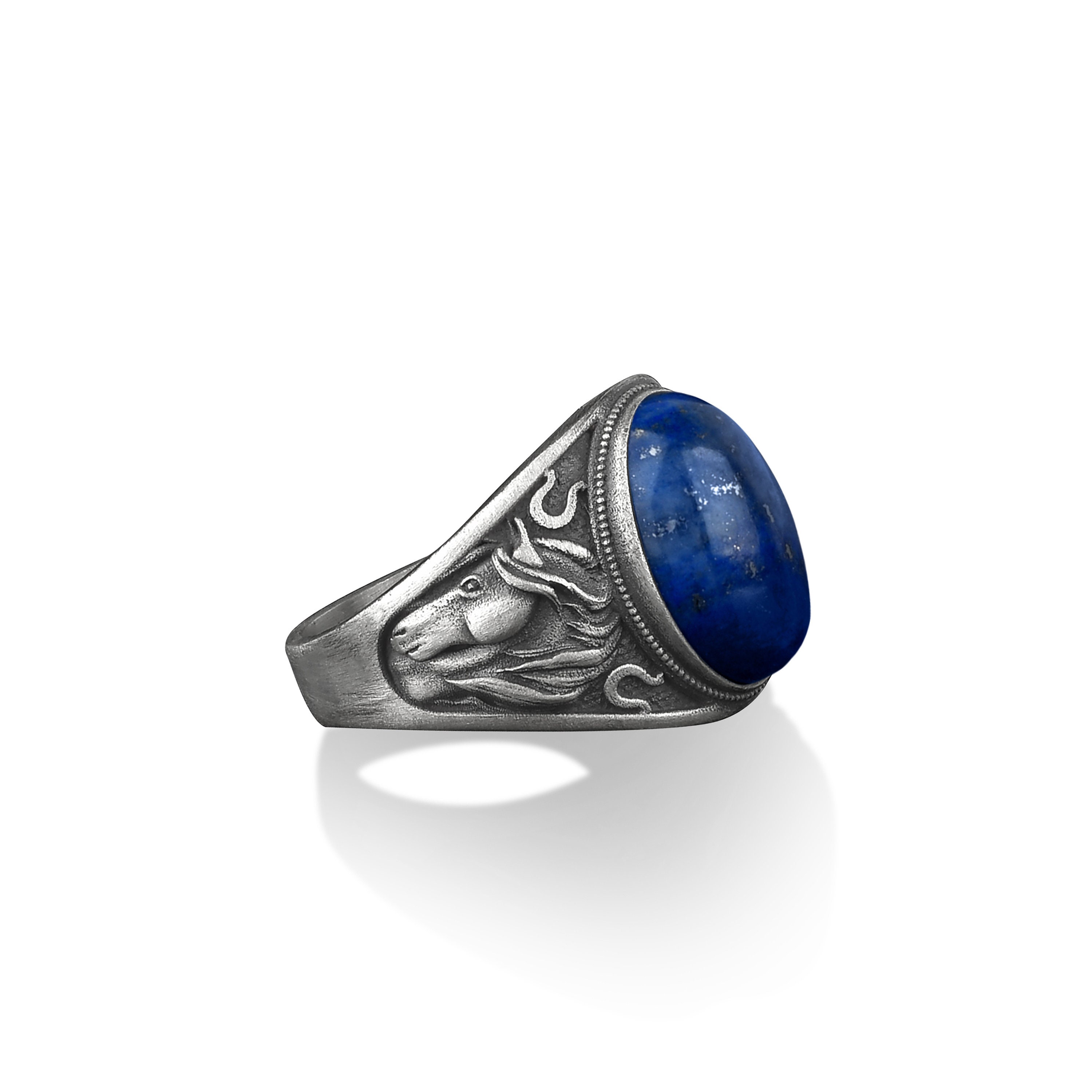 Lapis lazuli gemstone with horse headmen ring in silver, Horse head and horse shoes ring for men every day use, Sterling silver pinky ring