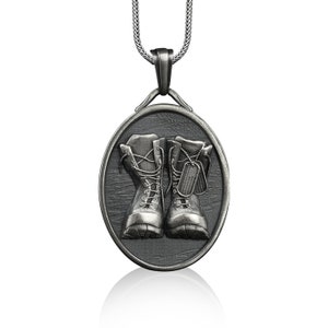 Military boot pendant necklace in silver, Personalized gothic necklace for husband, Engraved necklace for men, Dad gift