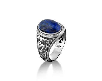 Lapis lazuli in victorian style mens vintage ring, 925 sterling silver floral engraved blue stone men ring, Unique wedding men gemstone ring