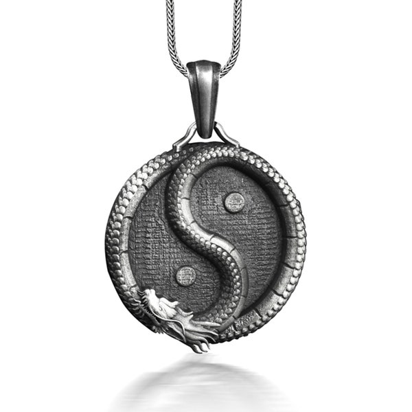 Collier Ying Yang et dragon insolite, collier médaillon de la mythologie chinoise oxydé pour homme, bague homme cool pour petit ami, collier fantaisie