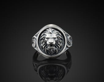Anillo de sello de hombre de plata de ley de león hecho a mano, anillo de hombre de plata Boho 925 de león africano, anillo de hombre de león, joyería de hombre de león salvaje, regalo para él