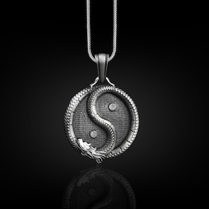 Ying Yang and Dragon Unusual Necklace, Oxidized Chinese Mythology Medallion Necklace For Men, Cool Male Ring For Boyfriend, Fantasy Necklace