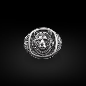 Bear Head Square Signet Ring, Sterling Silver Pinky Signet Rings for Women, Mens Animal Head Rings, Animal Lover Gift, Gifts for Boyfriend