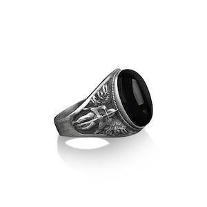 De commandant van het leger van God St. Michael de aartsengel zegelring met zwarte onyx edelsteen, 925 sterling zilveren mannenring, christelijke ring
