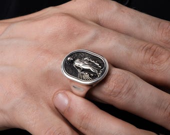Sterling Silver Miraculous Pattern Engraved Virgin Mary Men's Ring, Christian Gift Jewelry for Anniversary