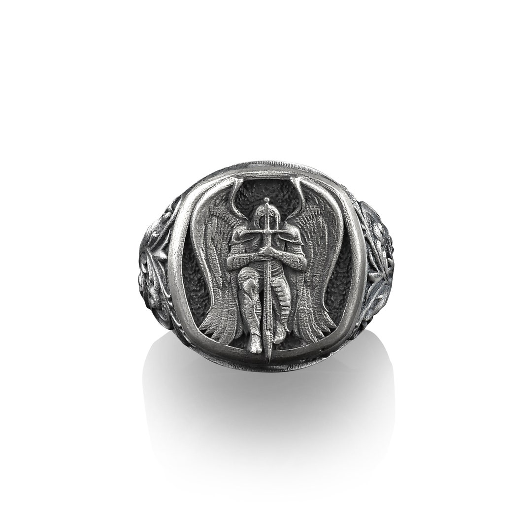 St Michael the Archangel, Sterling Silver Square Signet Ring, Mens ...