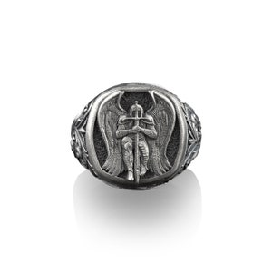 Saint Michel Archange, chevalière carrée en argent sterling, bagues chrétiennes pour hommes, cadeaux catholiques pour femme, bagues chrétiennes, Rinf pour homme