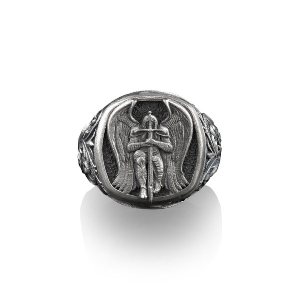 Saint Michel Archange, chevalière carrée en argent sterling, bagues chrétiennes pour hommes, cadeaux catholiques pour femme, bagues chrétiennes, Rinf pour homme