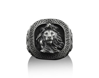 Maned Lion Handmade Sterling Silver Men Signet Ring, Lion Animal Signet Ring, Leo Zodiac Sign Ring, Leo Astrology Signet Ring, Lion Jewelry