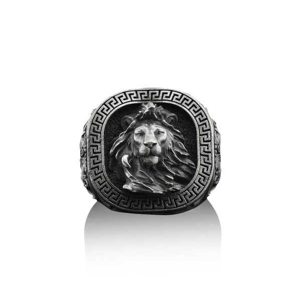 Maned Lion Handmade Sterling Silver Men Signet Ring, Lion Animal Signet Ring, Leo Zodiac Sign Ring, Leo Astrology Signet Ring, Lion Jewelry