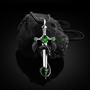 Men Dragon Necklace, Unisex Silver Sword Pendant, Silver Warrior Jewelry, Men Silver Accessory Gift, Sword Necklace, Dragon Silver Pendant