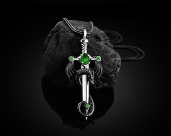Men Dragon Necklace, Unisex Silver Sword Pendant, Silver Warrior Jewelry, Men Silver Accessory Gift, Sword Necklace, Dragon Silver Pendant