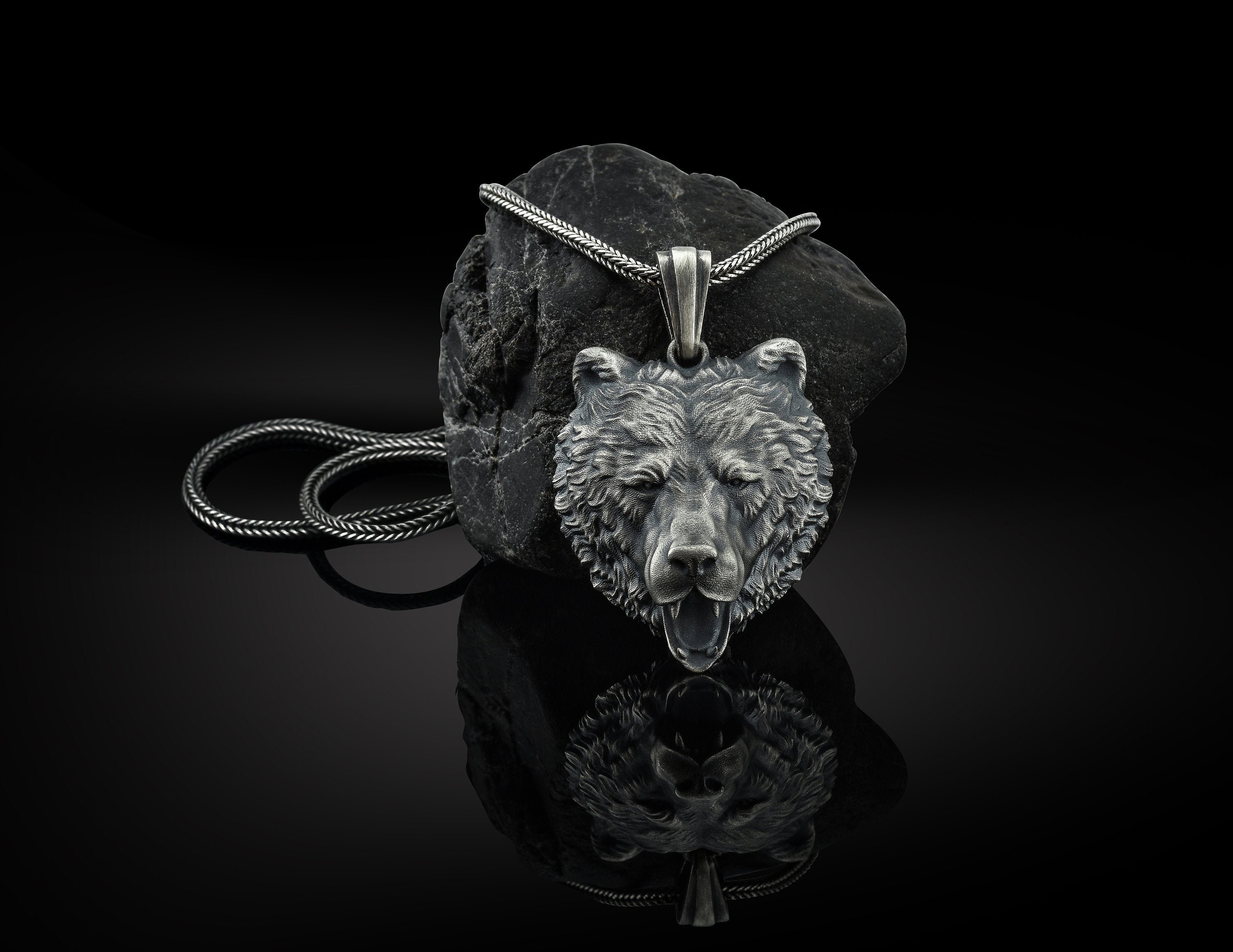 Silver Bear NecklaceBear Head Pendant Men Bear Necklace Etsy